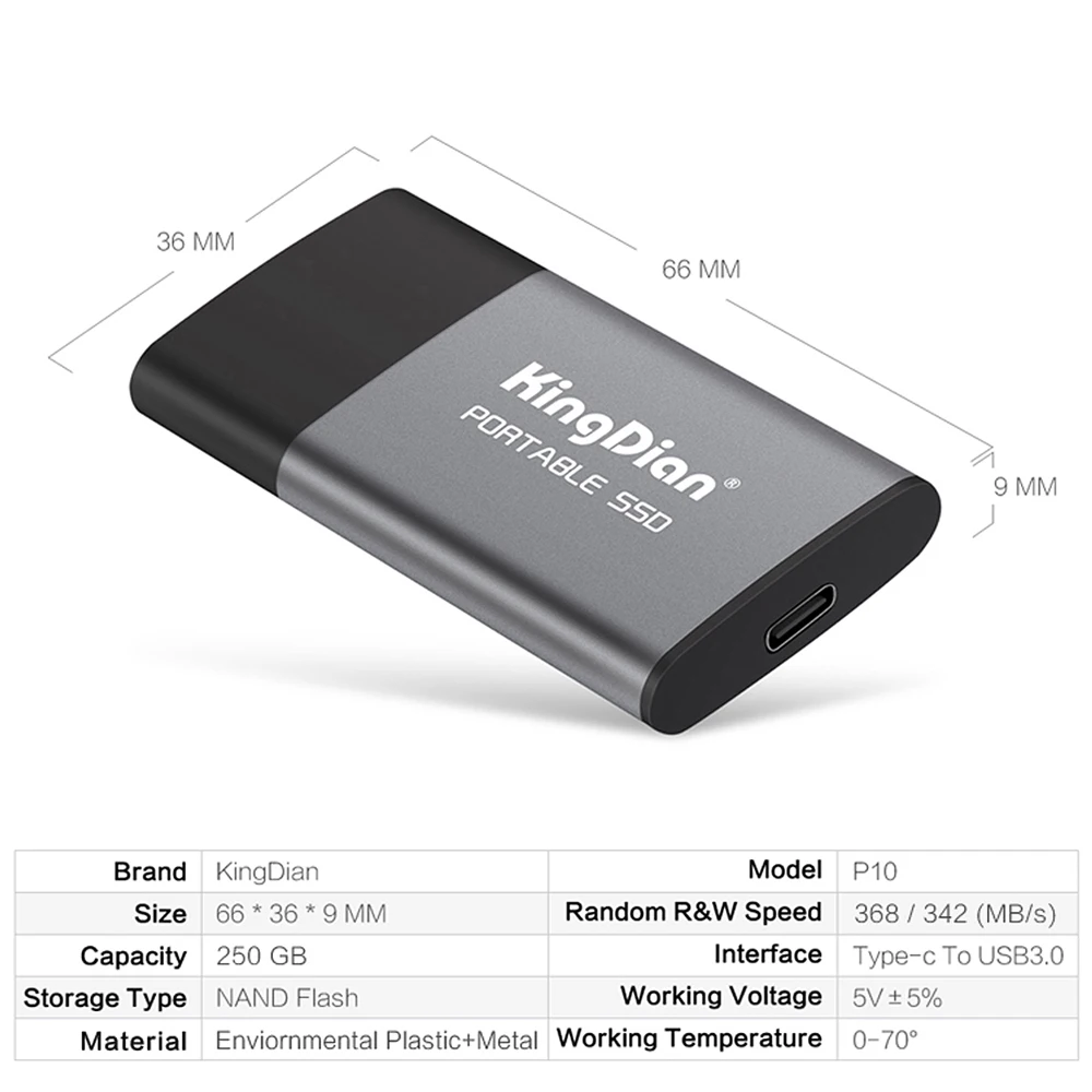 KingDian P10 портативный SSD USB 3,0-адаптер type-C 250 ГБ/500 Гб внешний твердотельный накопитель для компьютера, ноутбука, настольного телефона