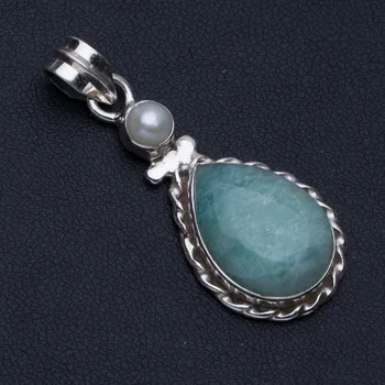 

Natural Amazonite and River Pearl Punk Style 925 Sterling Silver Pendant 1 1/2" P0477