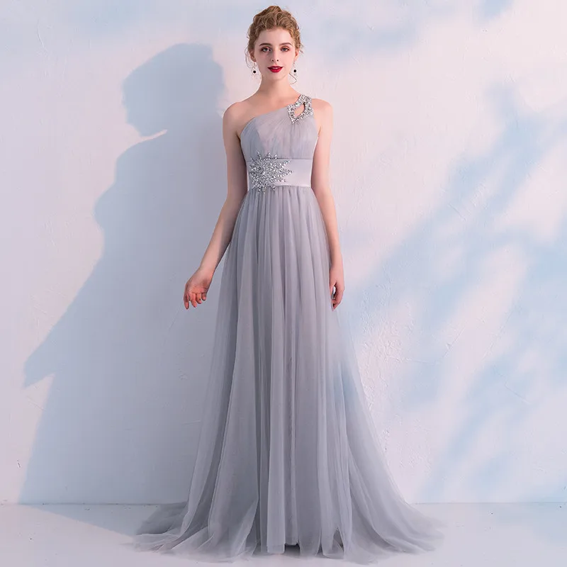 Sexy One Shoulder Evening Dress Long Tulle Crystal Party Abendkleider Evening Gown Robe De Soiree Prom Gowns Elegant Sexy One Shoulder Evening Dress Long Tulle Crystal Party Abendkleider Evening Gown Robe De Soiree Prom Gowns Elegant