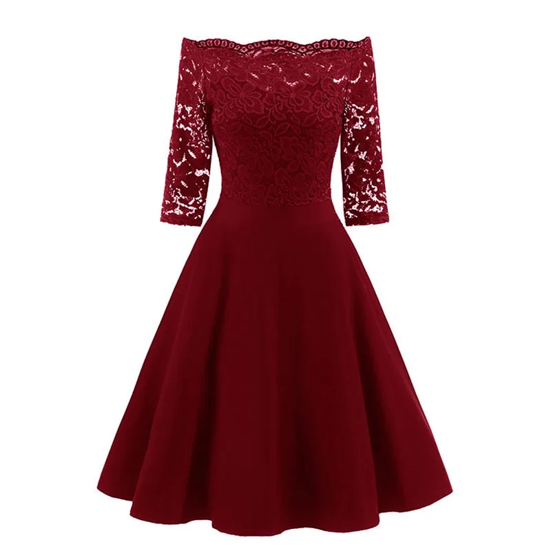 

2018 Autumn Women Elegant See Through Off Shoulder Skater Lace Party Cocktail Mother of Bride Bodycon Dress