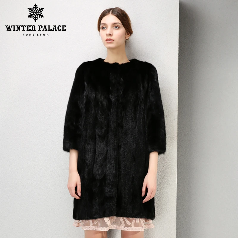 

Young style Fashion Mink Fur coat Genuine Leather O-Neck fur coats for women Luxury fur coat Black mink coat WINTER PALACE