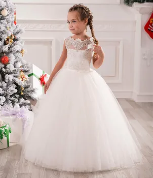 

White Flower Girl Dress for Wedding Ankle Length Lace Appliques Sleeveless O-neck Vestidos Primera Comunion