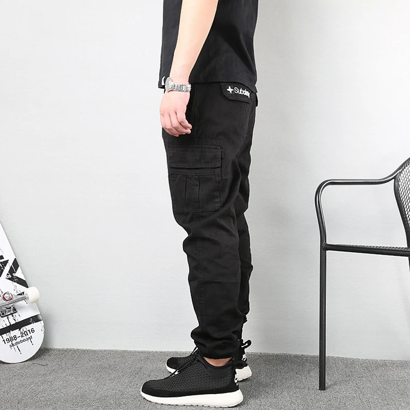Модные мужские джинсы, зауженные брюки черного цвета, укороченные брюки с большим карманом, брюки-карго, Мужские штаны для бега в стиле хип-хоп