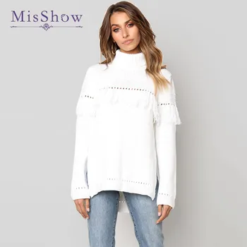 

MisShow Autumn Winter Solid White Sweaters Long Sleeve Hollow Out Pullovers Bust Tassel Knitted Women Sweater Side Split Jumpers