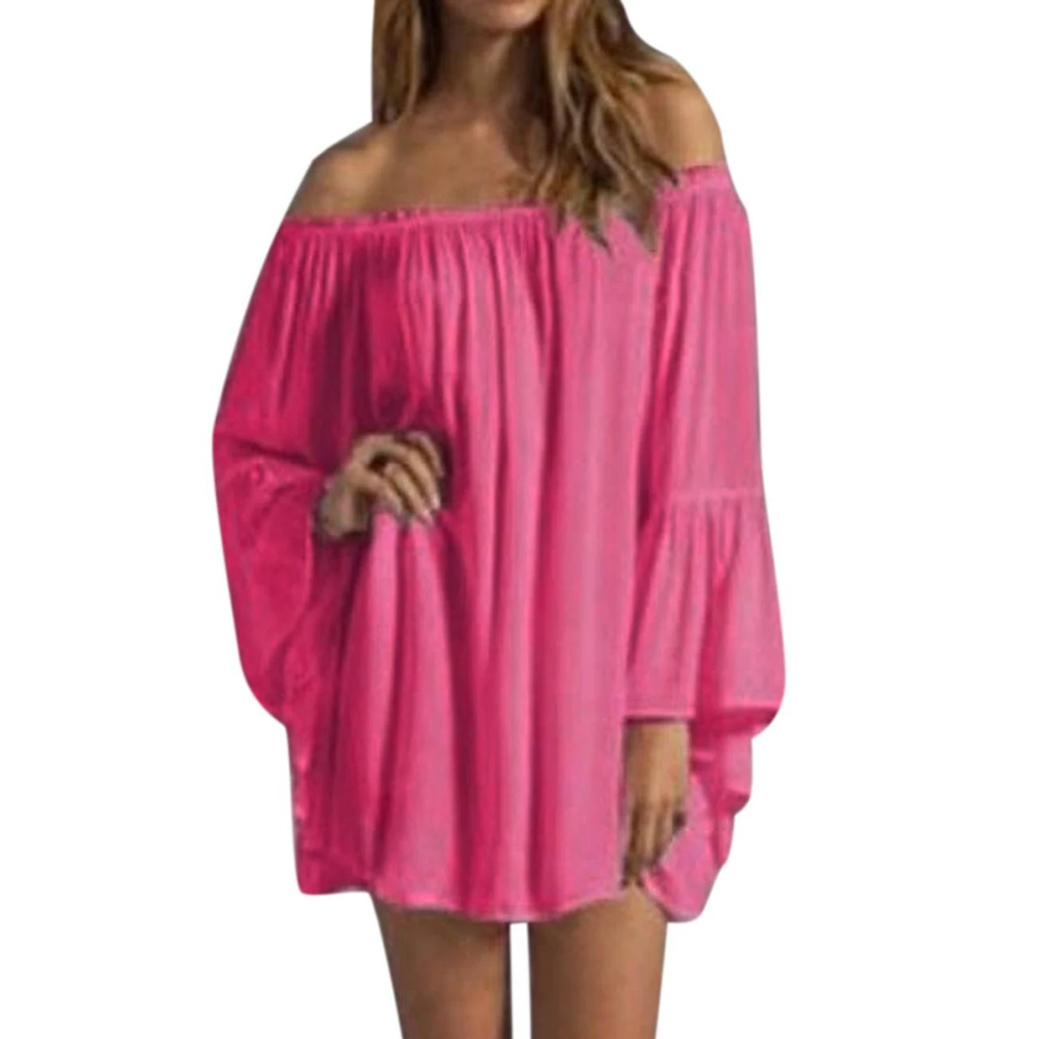 S-3XL 4 Color 2016 Summer Women Sexy Off Shoulder Slach Neck Chiffon Pleated Long Sleeve Loose Mini Short Dress Vestidos | Женская