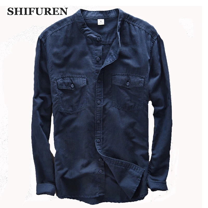 Prix SHIFUREN Hommes À Manches Longues En Lin Coton Chemises de Haute qualité Style Décontracté Respirant Col Chinois Robe Chemises Taille S XXL