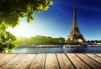 

Laeacco Eiffel Tower Riverside Wooden Floor Scenic Photographic Backgrounds Customized Photography Backdrops For Photo Studio
