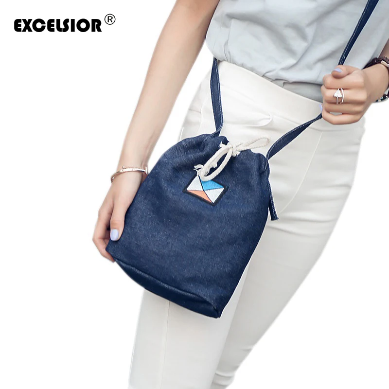 

EXCELSIOR 2016 Brand Design Vintage Women Denim Drawstring Crossbody Bags Embroidery Mini Shoulder String Bucket Ladies Bag