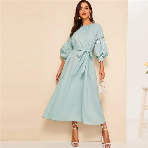 Color As Picture SHEIN Стильное Элегантное Платье С Поясом И Кружевной Аппликацией Длинное Платье На Пуговицах - Цвет: Color As Picture