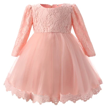 

Pink Christening Baby Girl Dress Wedding Long Sleeve 1 year birthday Newborn Princess Dresses Infant Tutu Dress Girl clothes