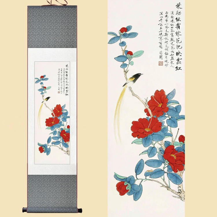

Chinese Silk Watercolor Flower & Bird Original Red Camellia Feng Shui ink art wall picture damask framed scroll canvas painting