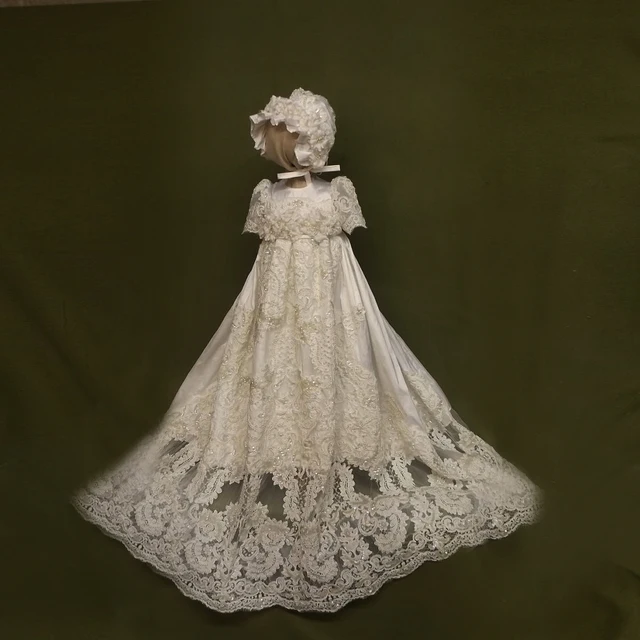 Best price at $169 Cheap With Hat Baby Girl Christening Dresses Solid A-Line Beading O-Neck Lace Formal Long Style 1 Year Birthday Baptism Gown Vestidos