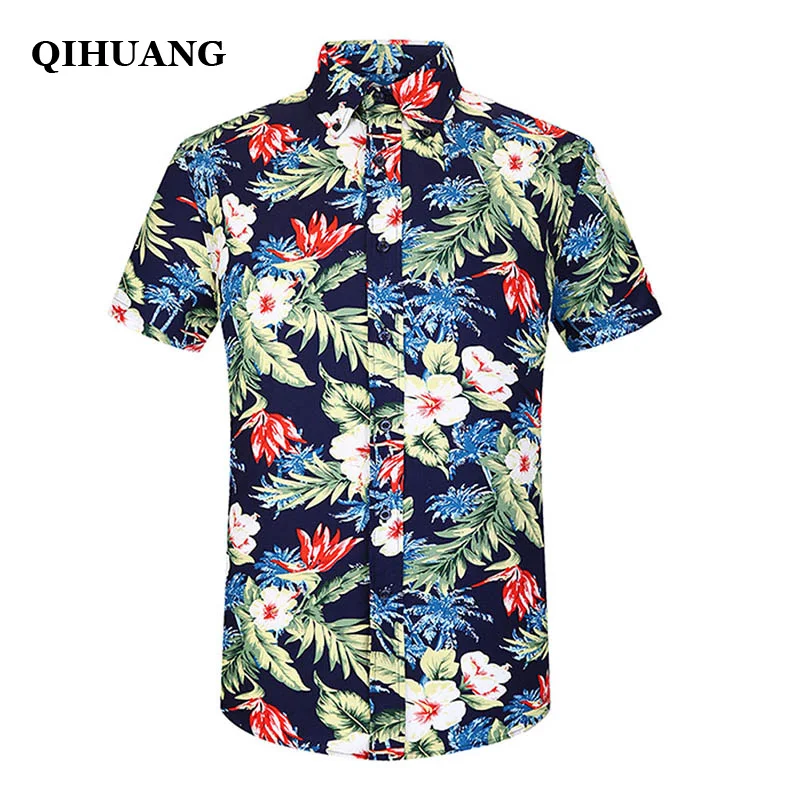 QIHUANG Men Hawaiian Shirt Summer Short Sleeve Tropical Floral Flamingos Button Down Beach Party Shirt Cotton Plus Size Shirts
