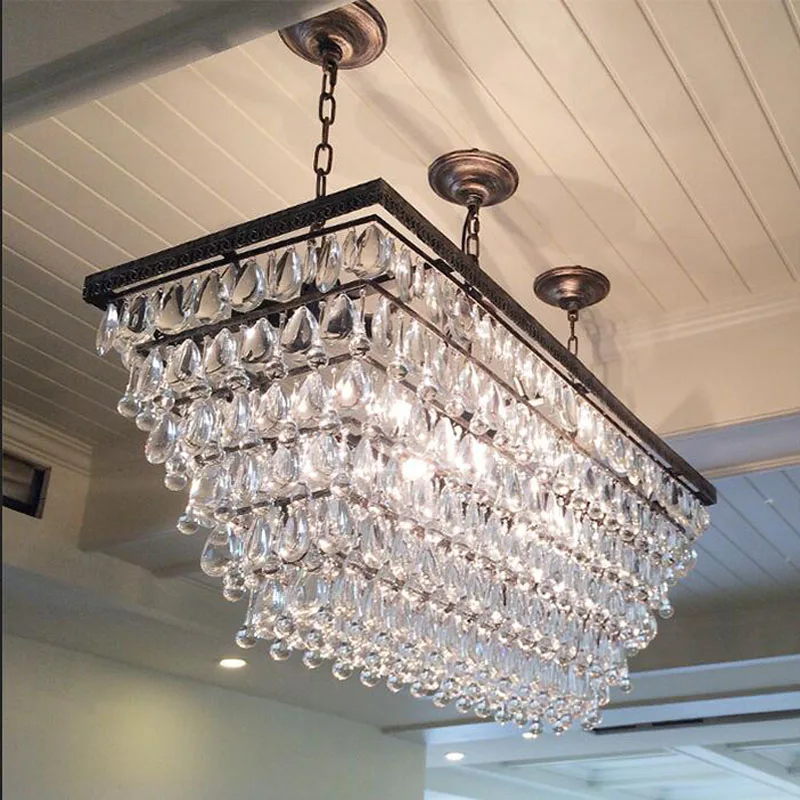 

Z Retro Iron Bar Crystal Light E14 Bulb American Country Rectangular Coffee Restaurant Sitting Room LampLiving Room Hanging Lamp
