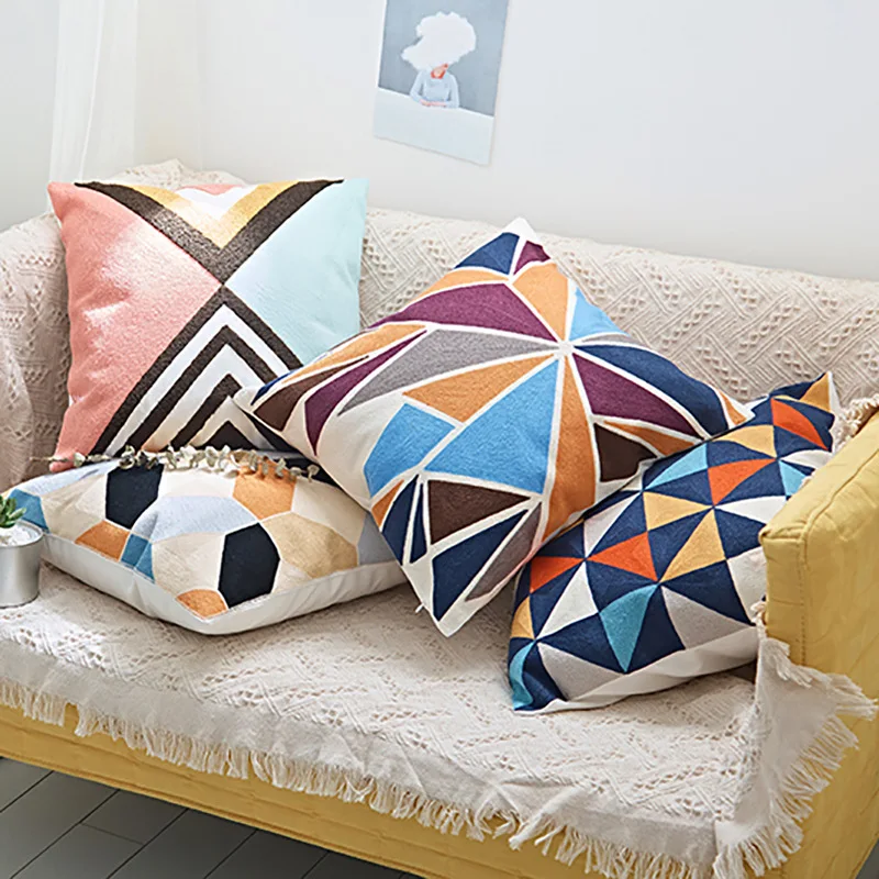 

Home Decor Embroidered Cushion Cover Colorful Triangle Block Geometric Canvas Cotton Square Embroidery Pillow Cover 45x45cm