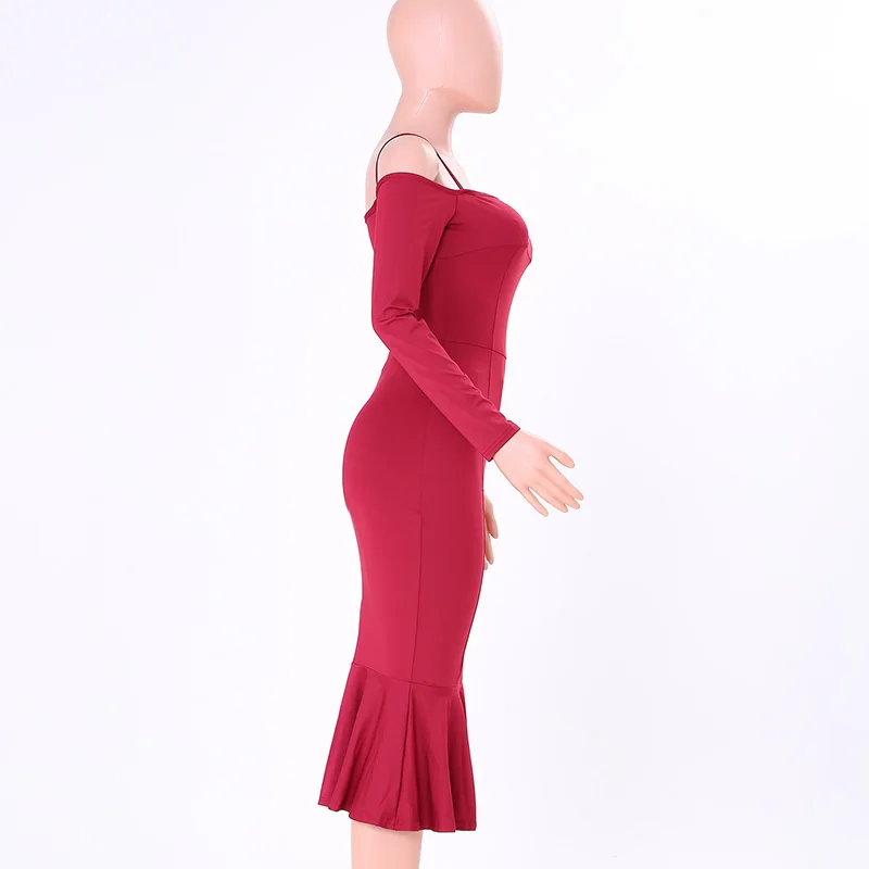 Kostlich Spaghetti Strap Long Sleeve Ruffles Mermaid Party Dresses Slash neck Bodycon Sexy Women Midi Dress 6 Colors Clothing (16)