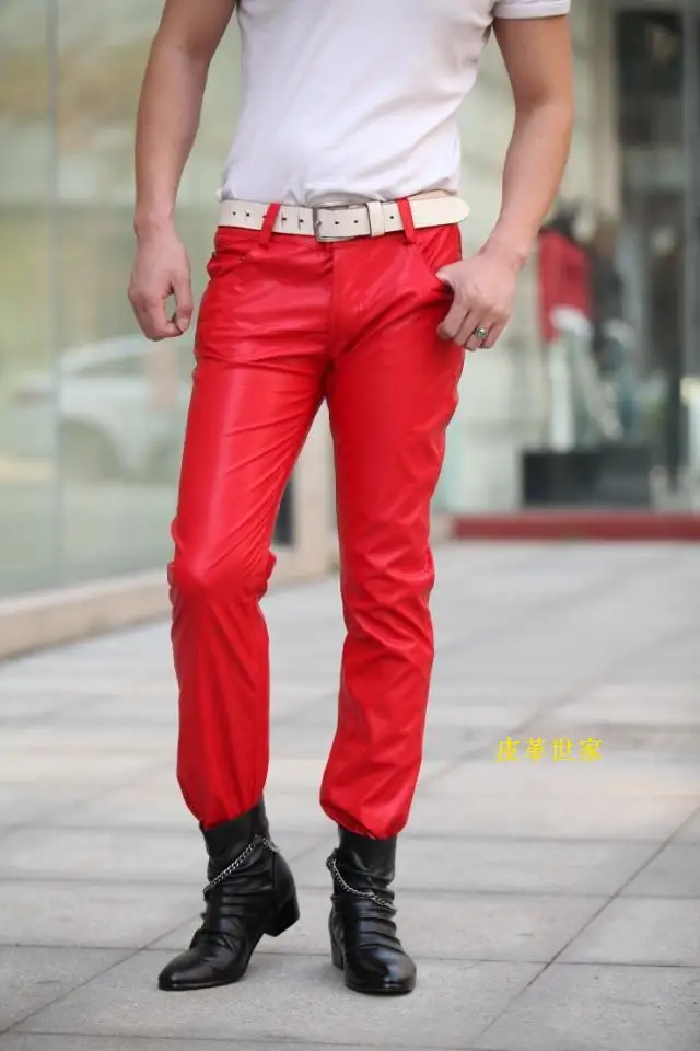 30-36! Мужские тонкие кожаные штаны Красного, белого и желтого цвета, черные кожаные штаны, брюки певицы, костюмы, брюки