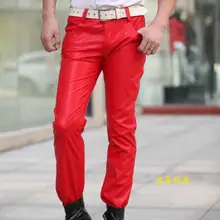 30-36! Мужские тонкие кожаные штаны Красного, белого и желтого цвета, черные кожаные штаны, брюки певицы, костюмы, брюки