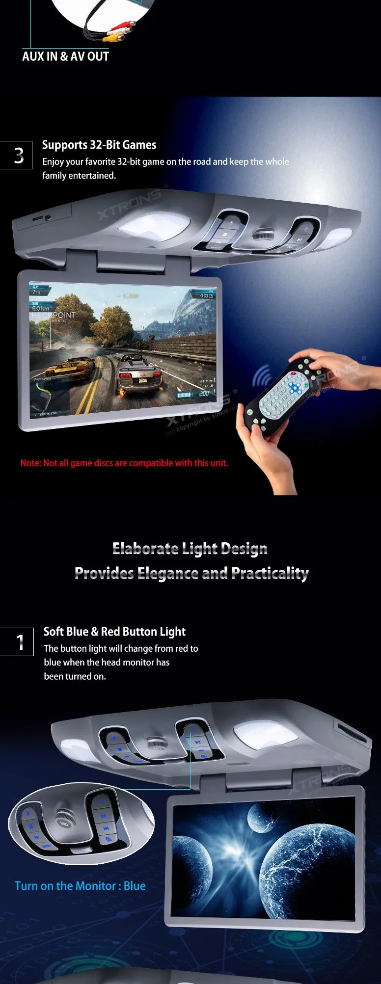 Sale Grey 15.6" inch HD Car Roof  DVD Player with 1366*768 Resolution/170 Max Open Angle/Built-in IR & FM/32-Bit Games 4