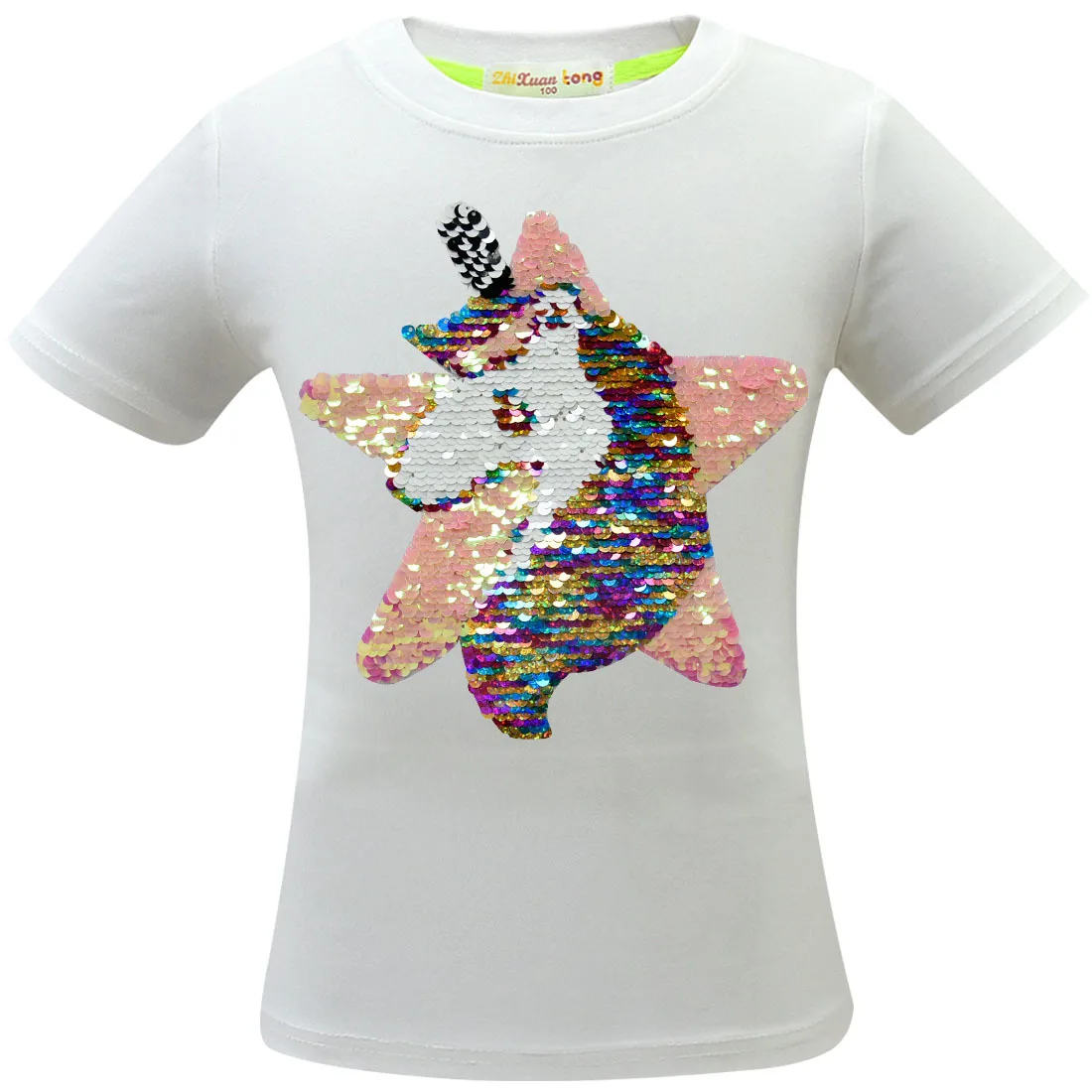 Новая розовая футболка с блестками для девочек детские двухсторонние футболки с единорогом и звездами детские топы, футболки с блестками