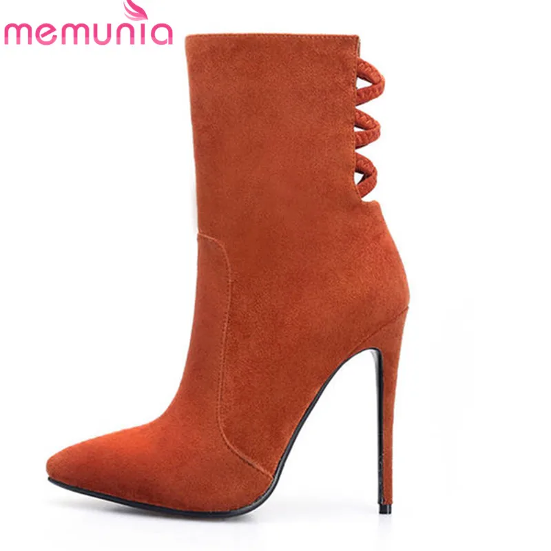 

MEMUNIA 2018 top quality suede leather boots pointed toe zipper autumn winter boots sexy high heels prom shoes ankle boots