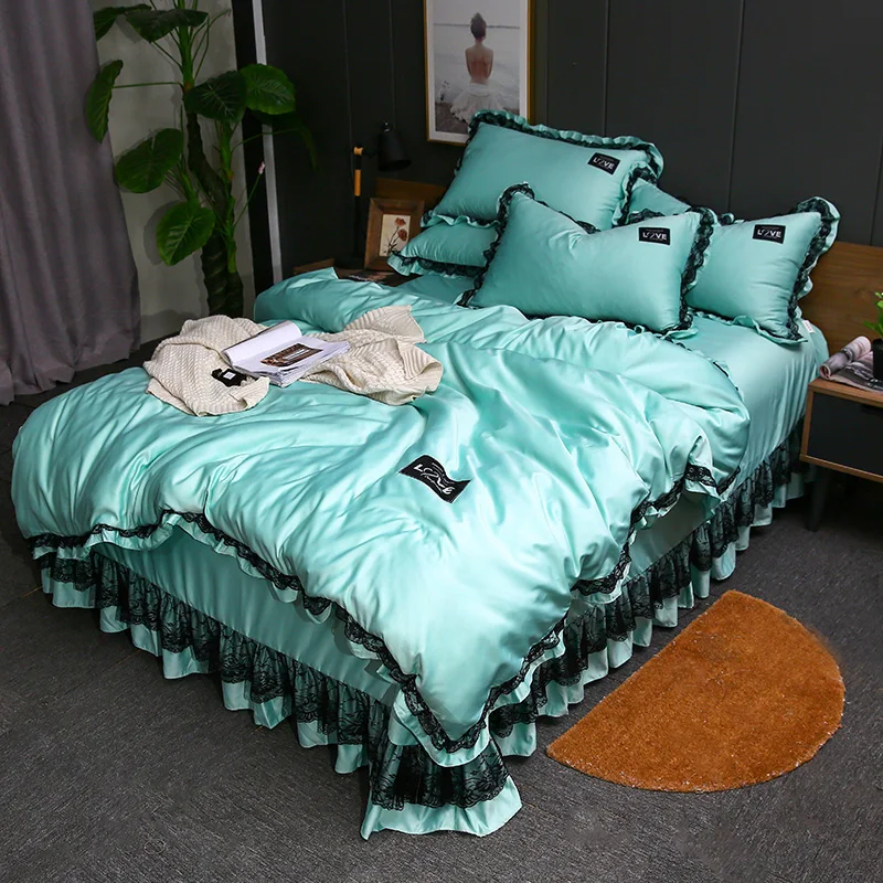

Solid Green Color Princess Bedding Sets 3 4 Pcs Princess Style Lovely Duvet Cover Pillowcases Bedsheet Lace Bedlinen
