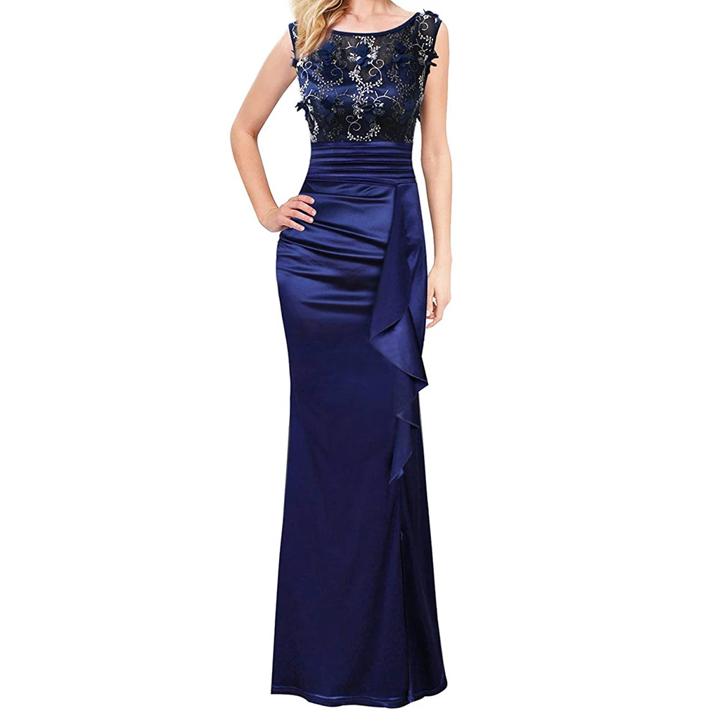 

Women Eleglant Blue Maxi Dress vestido de festa Embroidery Ruched Ruffles Sexy High Slit Evening Party Dress Bodycon Vestidos