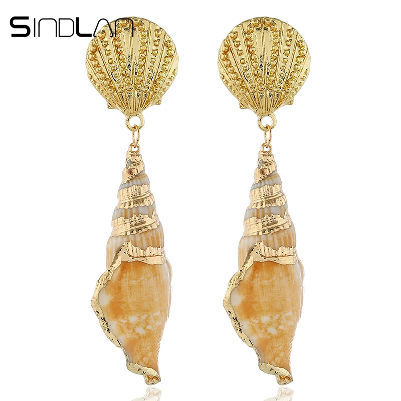 

Sindlan Sea Shell Conch Natural Dangle Earrings for Women Bohemian Long Drop Gold Pendant Earrings Fashion Ear Studs Jewelry