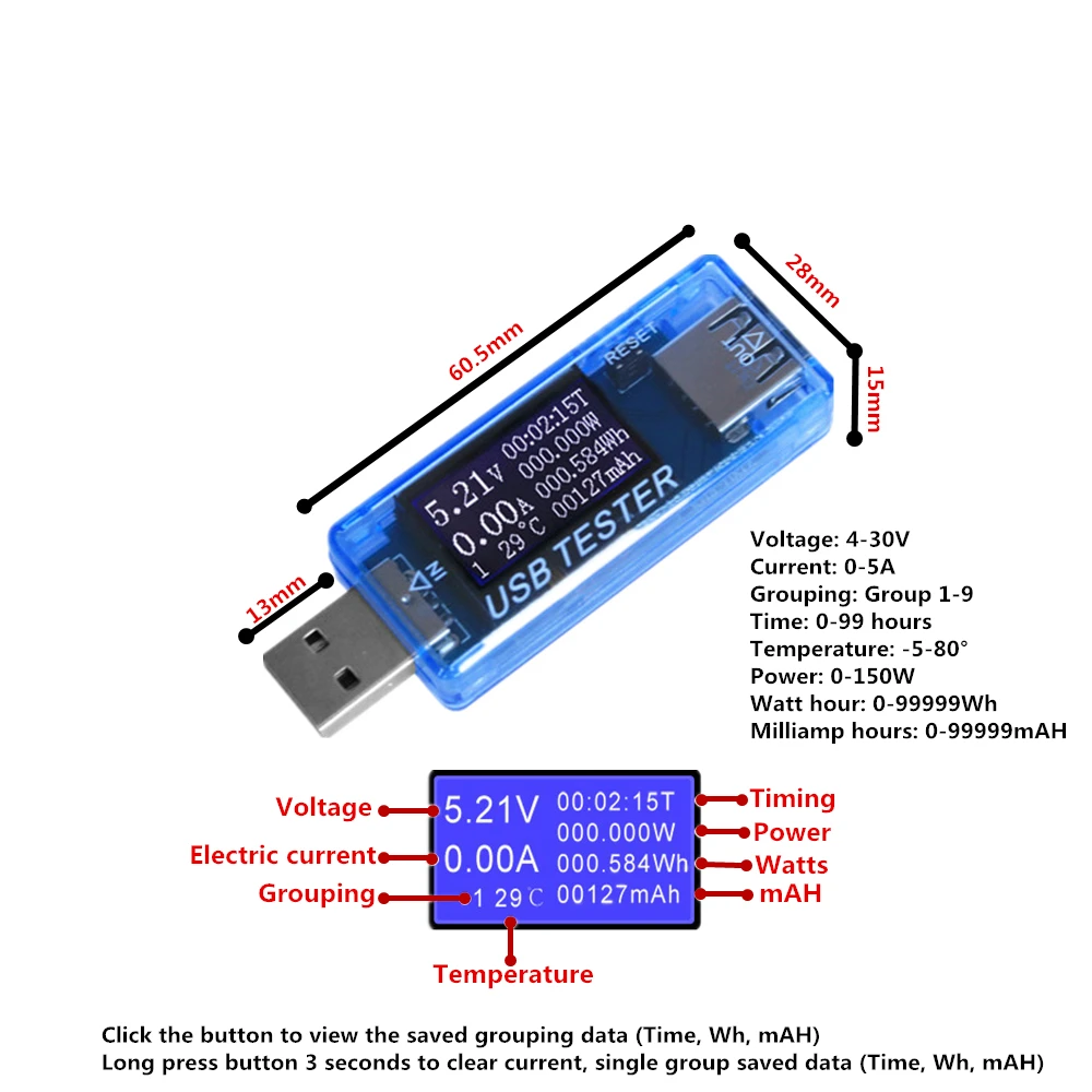 8 в 1 QC2.0 3,0 4-30 в электрическая мощность USB Емкость тестер напряжения измеритель тока монитор вольтметр Амперметр