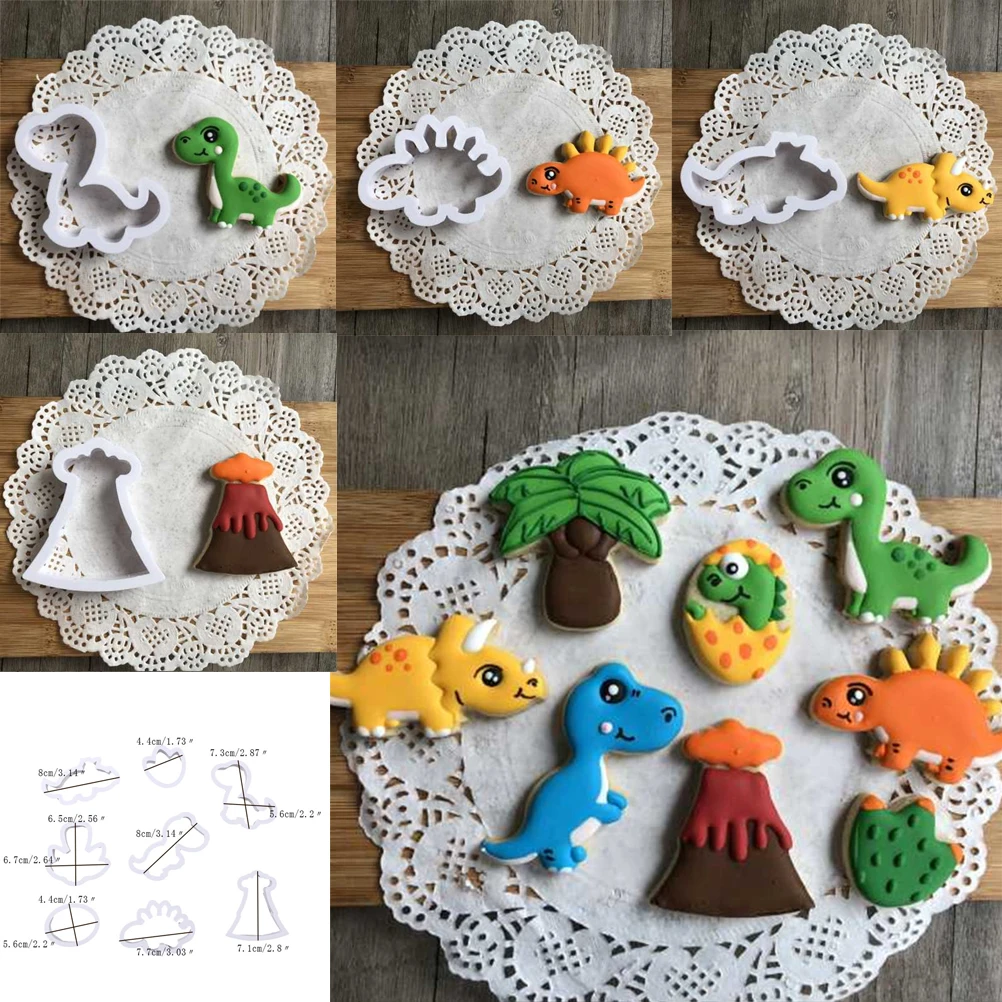 

8pcs/set 3D Dinosaur Cookie Stamps Plastic Cookie Biscuit Decoration Mold Animal Shape Cookie Cutters Baking Tools