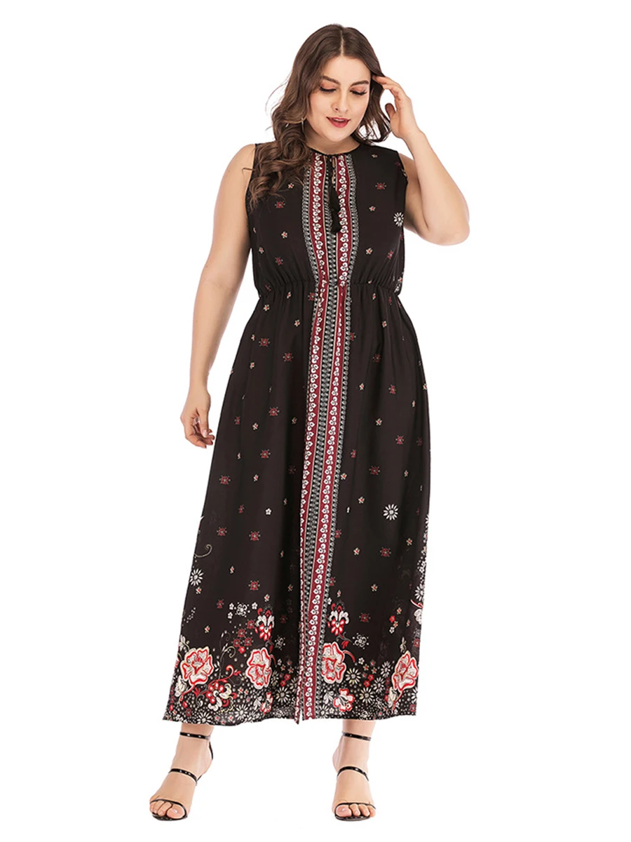 

Women Long Dress Black Tropical Clothing New Beach Wear Floral Sleeveless Ankle-Length Oversize Dress Long Maxi