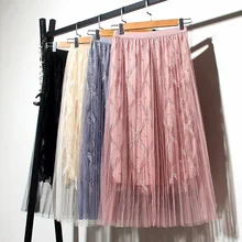 Летние Юбки Женские Эластичные Высокой Талией Бисер Вышивка Сетка фатиновая юбка Весна Мода Женщины Миди Длинные Плиссированные Юбки