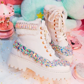 

2018 winter handmade custom luxury gemstone Martin boots trend plus velvet thickening casual warm women's boots.