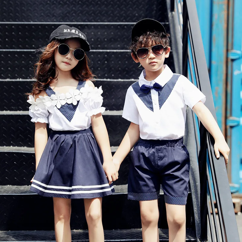 

2018ChildrenCute Cotton Korean Japanese Student School Uniform for Girls Boys Kid Collar Shirt Top Pleated Skirt Shorts Clothes