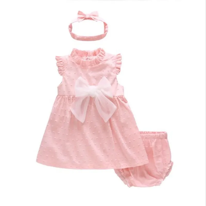 

New girl sweet puff sleeve dress 2019 summer girl baby clothes pink bow dress+headwear+shorts three-piece for 0-3 year old girl