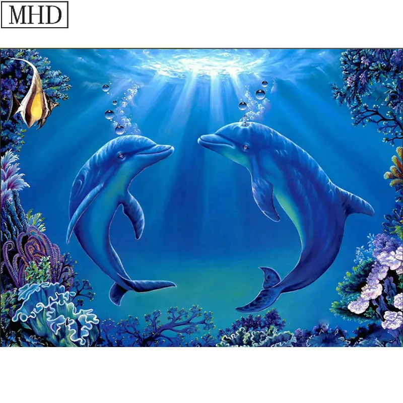 Top Selling Diamond Painting Cross Stitch Dolphin Couple Kit for Home Decor Square Full 3D Mosaic New Arrival Art | Дом и сад