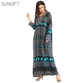 

SUNGIFT African Dress For Women Dashiki Embroidery V Neck Long Sleeve Big Size Maxi Dress 2019 Summer Mix Color Casual Dresses
