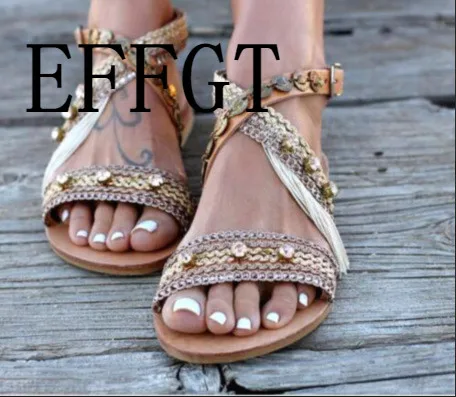 

EFFGT Summer Gladiator Rome Women Sandalias Crystal Fringed Tassels Fringy Back Crossed Strapped Buckle Casual Flat Sandals Shoe