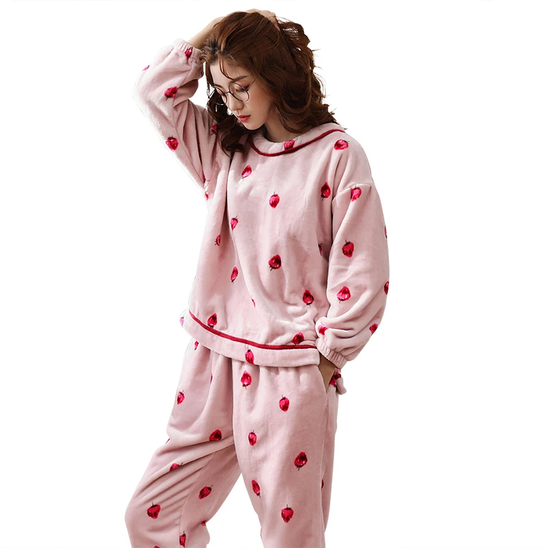 Новые зимние пижамы Толстые теплые фланелевые женские пижамы комплект с длинным рукавом Круглый вырез Pijamas повседневные Мягкие Большие
