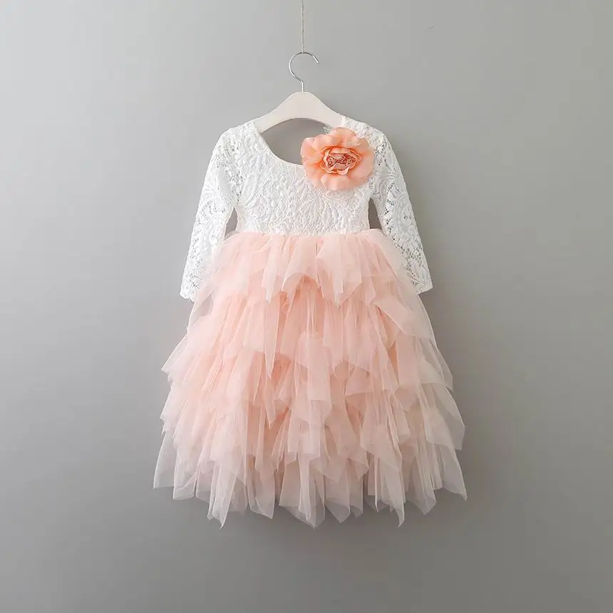 Новые платья принцессы для девочек кружевное многослойное платье из тюля с цветочным принтом детская одежда с длинными рукавами для свадебной вечеринки - Цвет: Розовый