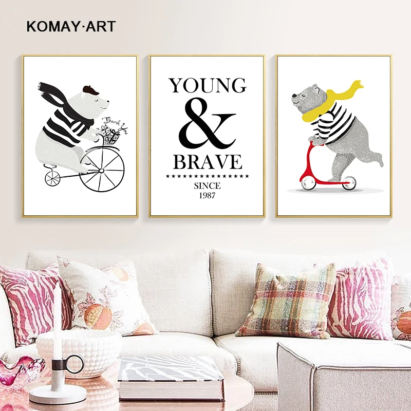 

Cartoon Bicycle Bear Art Canvas Painting Prints Young Brave Quote Posters Wall Pictures For Baby Room Nursery Home Decor HC030