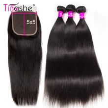Tissage en lot brésilien Remy naturel avec Lace Closure-Tinashe, cheveux lisses, 5x5, lot de 3
