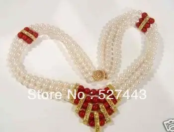 

Wholesale free shipping >>Beautiful 8mm CHARMING 3 ROWS WHITE PEARL& RED CORAL NECKLACE