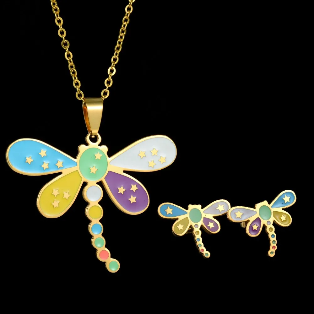 

2017 New Fashion Children Colorful Dragonfly Stainless Steel Jewelry Sets For Birthday Gift