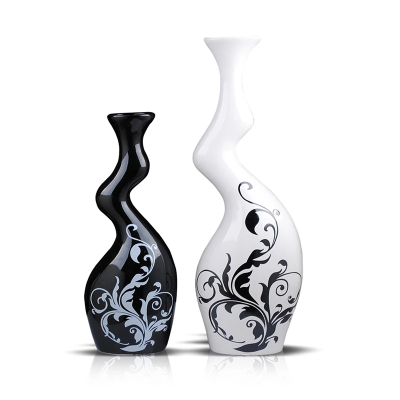 

1 Pair Vase Modern Home Furnishing Ceramic Ornaments Black and White Color Decoration Pottery Twisted with Flower teraryum Vases