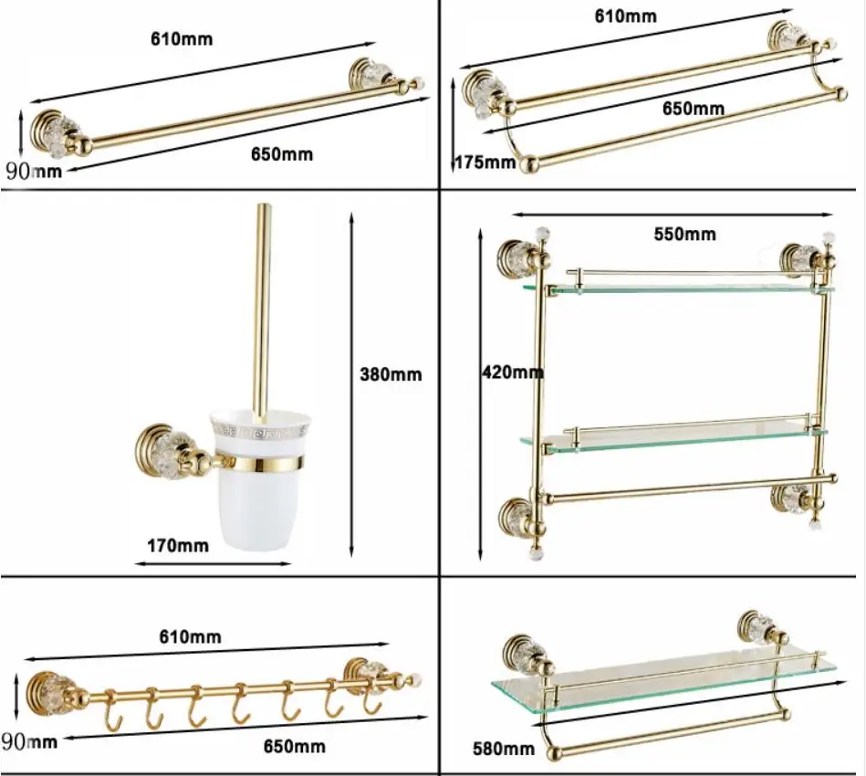 Набор аксессуаров для ванной комнаты из чистого хрусталя, серебристый полированный Золотой держатель для полотенец, держатель для туалетной щетки, твердая латунь, аксессуары для ванной комнаты, наборы