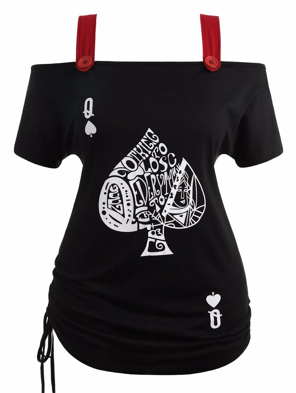 VESTLINDA Women T-Shirt Square Neck Short Sleeves Black T Shirt Plus Size Cold Shoulder Poker Cards Top Ladies Top Tee Big Size 7