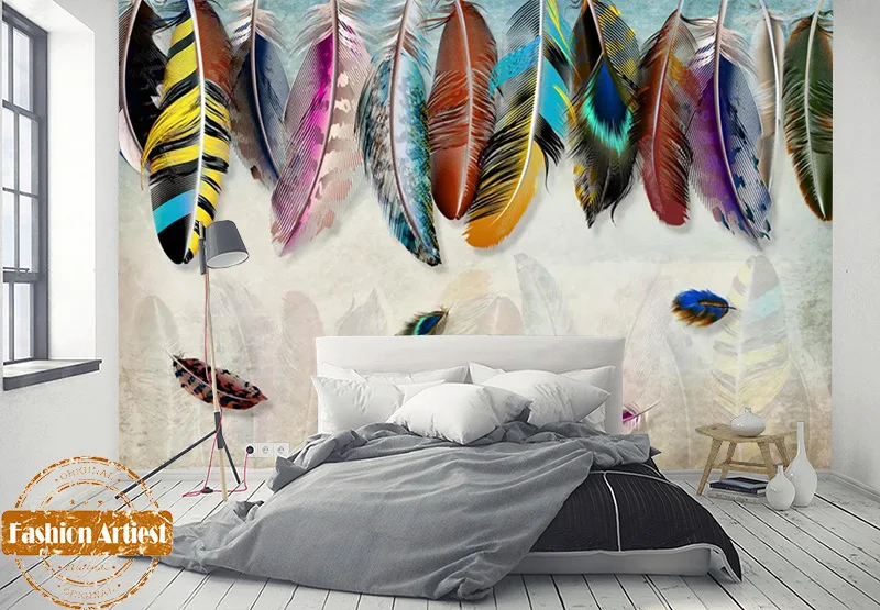 مخصص أوروبا تحلق ريشة خلفيات جدارية الملونة الطيور ريشة تسليم اللوحة مكتب أريكة غرفة المعيشة مقهى بار مطعم