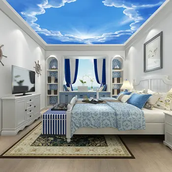 

3D Ceiling Wallpaper Nature White Clouds Blue Sky Wall Paper Murals Home Decor Thicken Self Adhesive Vinyl / Silk Wall Papers