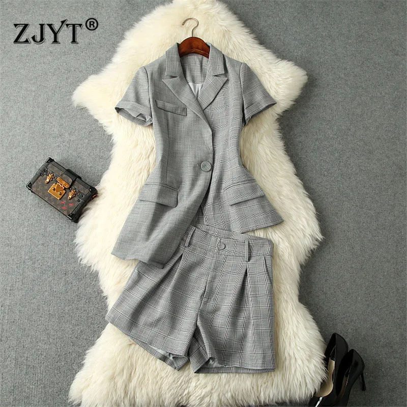 

2019 Summer New Designer Office Lady Two Piece Outfits Work Wear Women's Notched Collar Irregular Blazer Shorts Suit Sets